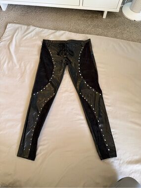Black Faux Leather and Lace Studded Lace-Up Pants